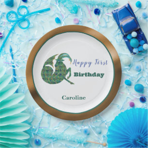 Capricorn Zodiac 1st Birthday Gold Green Artistic Paper Plate