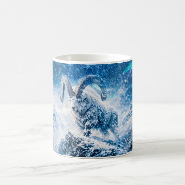 Capricorn Zodiac as Majestic Ram Under Aurora Sky Coffee Mug (Center)