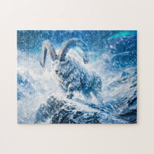 Capricorn Zodiac as Majestic Ram Under Aurora Sky Jigsaw Puzzle