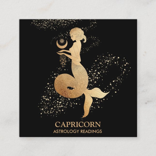 *~* Capricorn Zodiac Astrology Reading Gold  Black Square Business Card (Front)