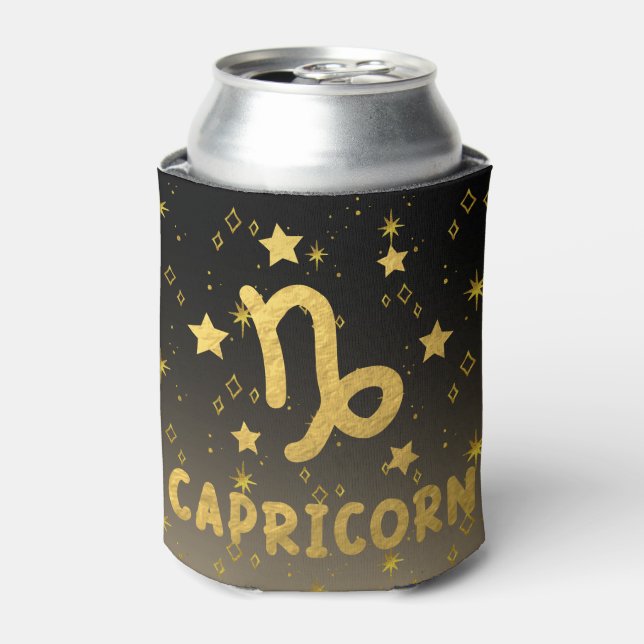Capricorn Zodiac Black and Gold Can Cooler (Can Front)