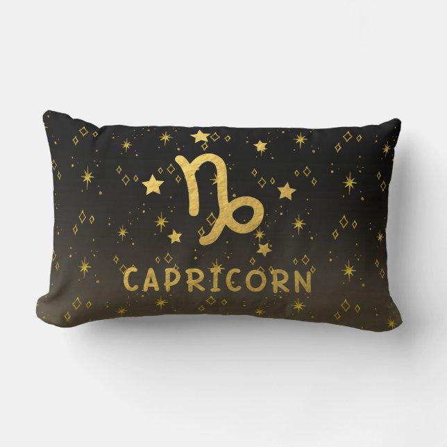 Capricorn Zodiac Black and Gold Lumbar Pillow (Front)