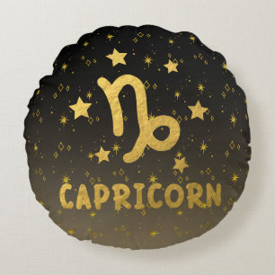 Capricorn Zodiac Black and Gold Round Pillow