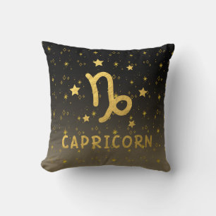Capricorn Zodiac Black and Gold Throw Pillow