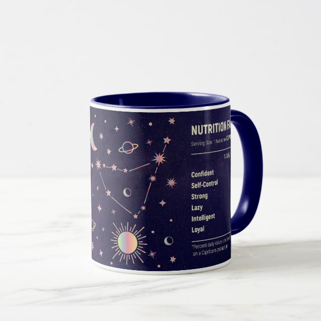 Capricorn zodiac constellation and nutrition facts mug (Front Right)
