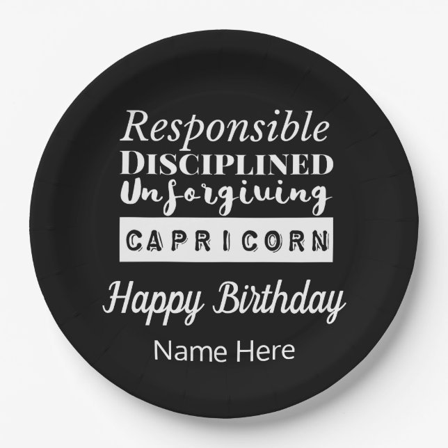 Capricorn Zodiac Fun Characteristics Birthday Paper Plate (Front)