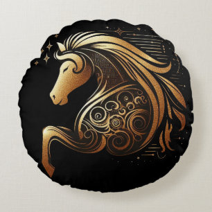 Capricorn Zodiac Gold Horse Astrology Round Cushion