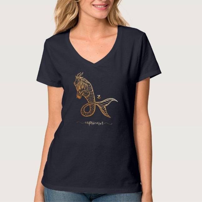 Capricorn Zodiac Gold Monochrome Graphic T-Shirt (Front)