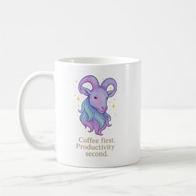 Capricorn Zodiac Mug – Coffee First, Productivity  (Left)