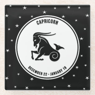 Capricorn Zodiac Sign, Black & White Glass Coaster
