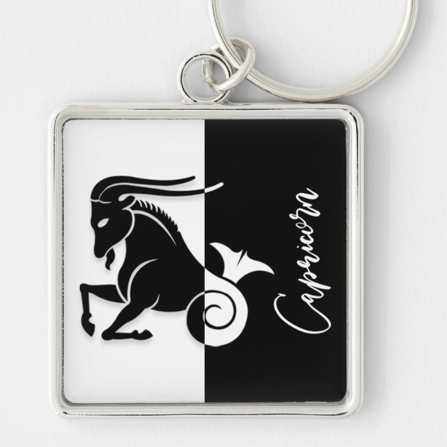 Capricorn Zodiac Sign, Black & White Keychain (Front)