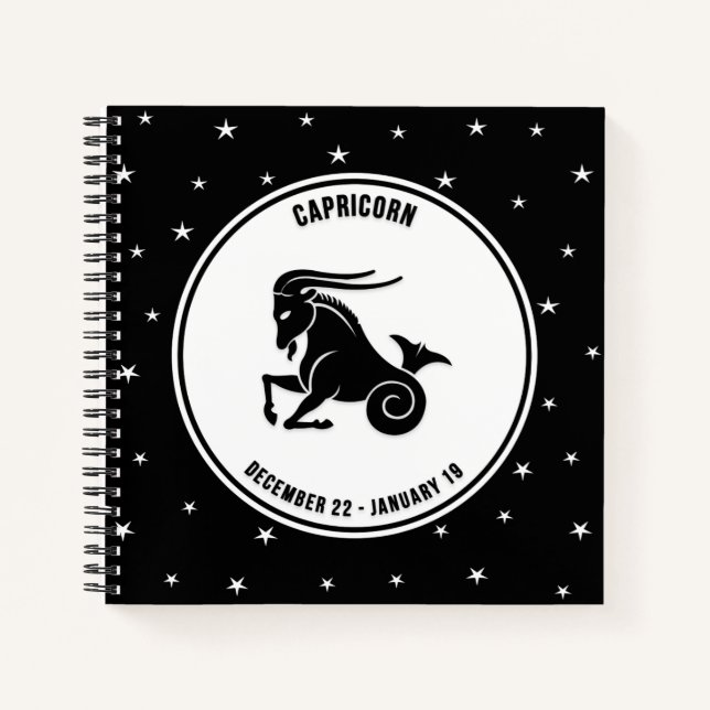 Capricorn Zodiac Sign, Black & White Notebook (Front)