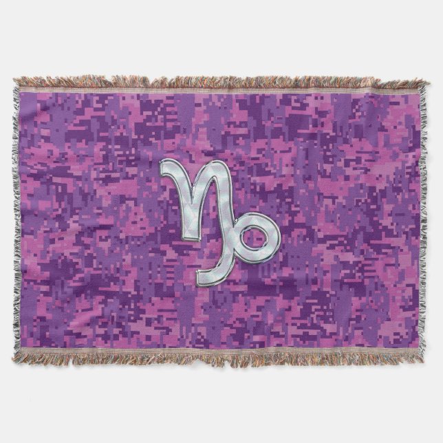 Capricorn Zodiac Sign Fuchsia Digital Camouflage Throw Blanket (Front)