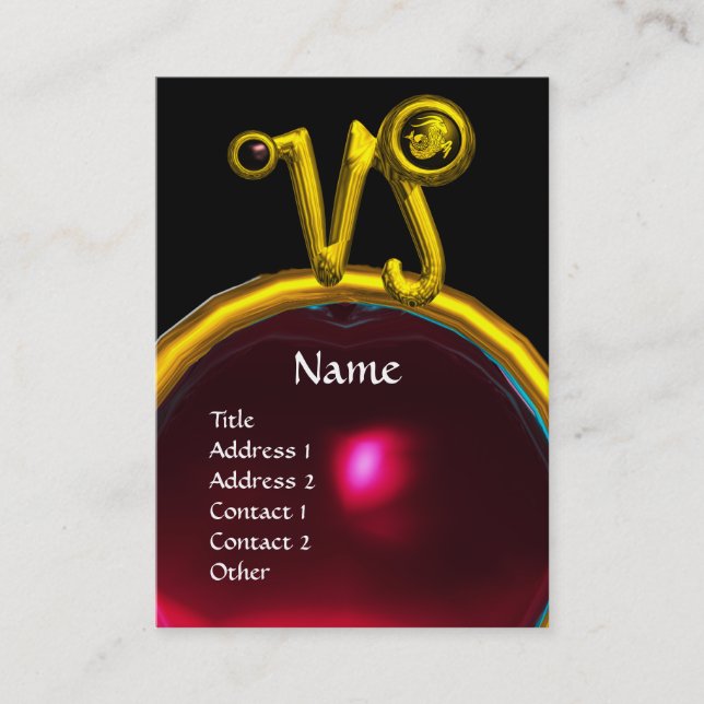 CAPRICORN ZODIAC SIGN JEWEL MONOGRAM,Red Ruby Business Card (Front)