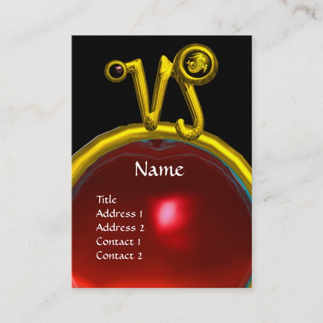 CAPRICORN ZODIAC SIGN JEWEL MONOGRAM, Red Ruby Business Card (Front)