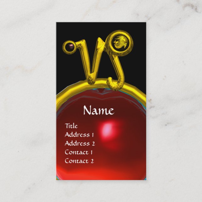 CAPRICORN ZODIAC SIGN JEWEL MONOGRAM, Red Ruby Business Card (Front)