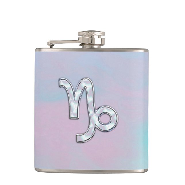 Capricorn Zodiac Sign on Mother of Pearl Nacre Hip Flask (Front)