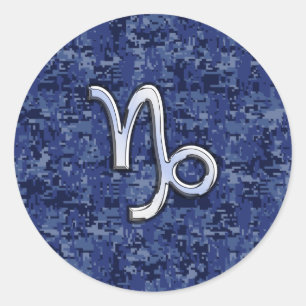 Capricorn Zodiac Sign on navy blue digital camo Classic Round Sticker