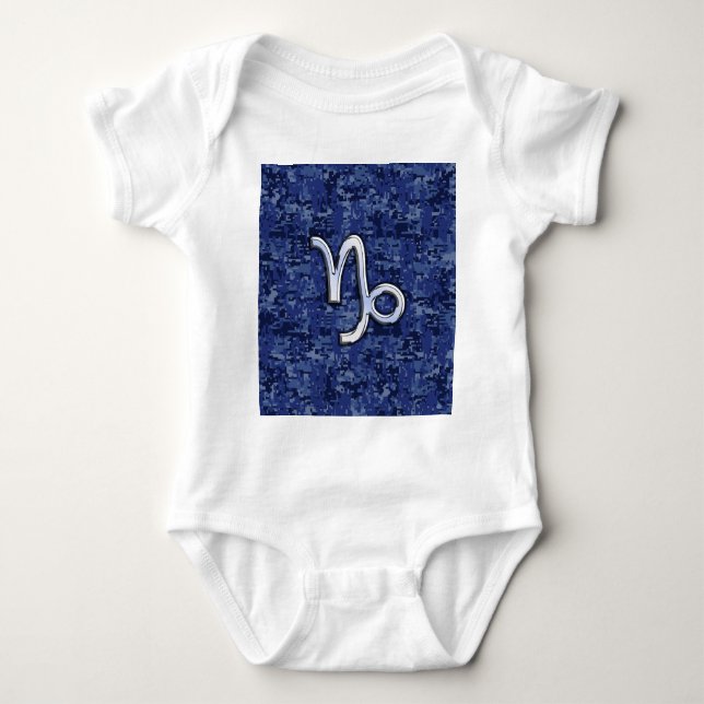 Capricorn Zodiac Sign on Navy Digital Camouflage Baby Bodysuit (Front)
