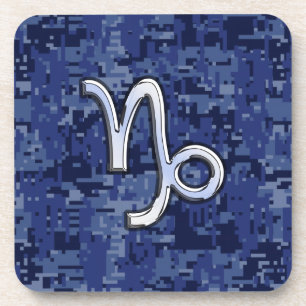 Capricorn Zodiac Sign on Navy Digital Camouflage Coaster