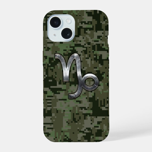 Capricorn Zodiac Sign on olive green digital camo iPhone 15 Case (Back)