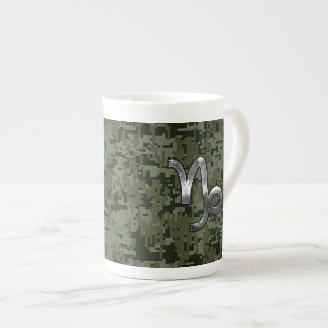Capricorn Zodiac Sign on Woodland Digital Camo Bone China Mug (Front Right)