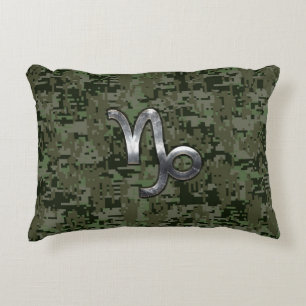 Capricorn Zodiac Symbol Green Digital Camouflage Decorative Cushion