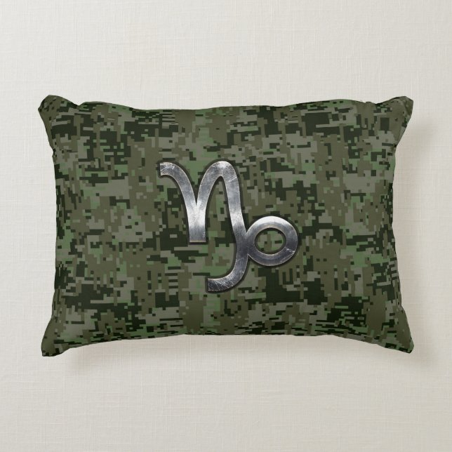 Capricorn Zodiac Symbol Green Digital Camouflage Decorative Cushion (Front)