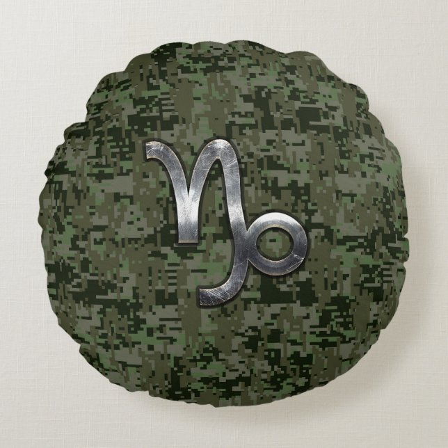 Capricorn Zodiac Symbol Green Digital Camouflage Round Cushion (Front)