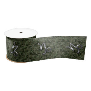 Capricorn Zodiac Symbol Green Digital Camouflage Satin Ribbon