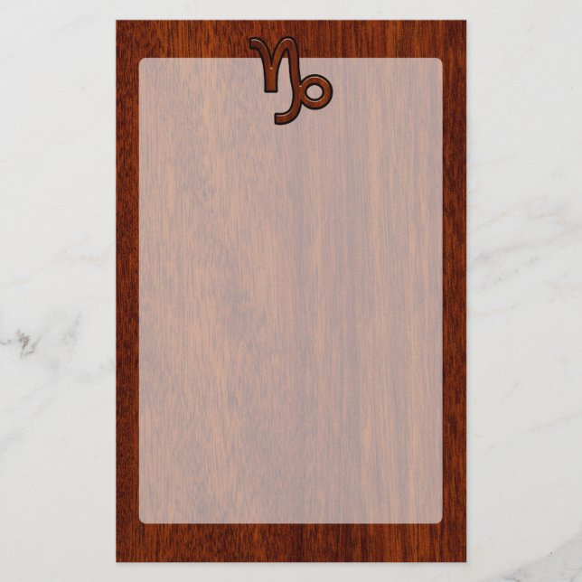 Capricorn Zodiac Symbol in Mahogany Wood Style Stationery (Front)