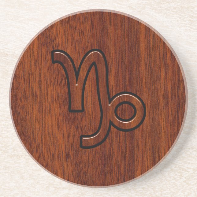Capricorn Zodiac Symbol in Wood Grain Style Coaster (Front)