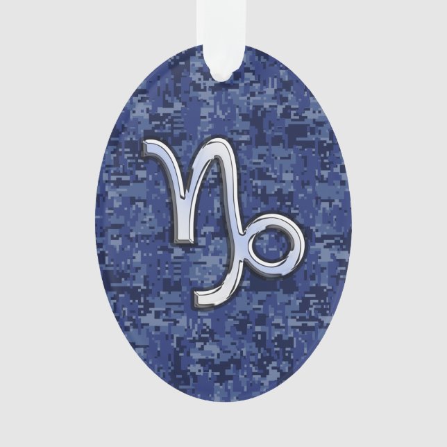 Capricorn Zodiac Symbol on Blue Digital Camo Ornament (Front)