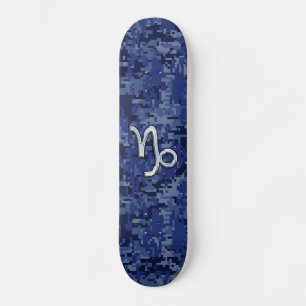 Capricorn Zodiac Symbol on Blue Digital Camo Skateboard