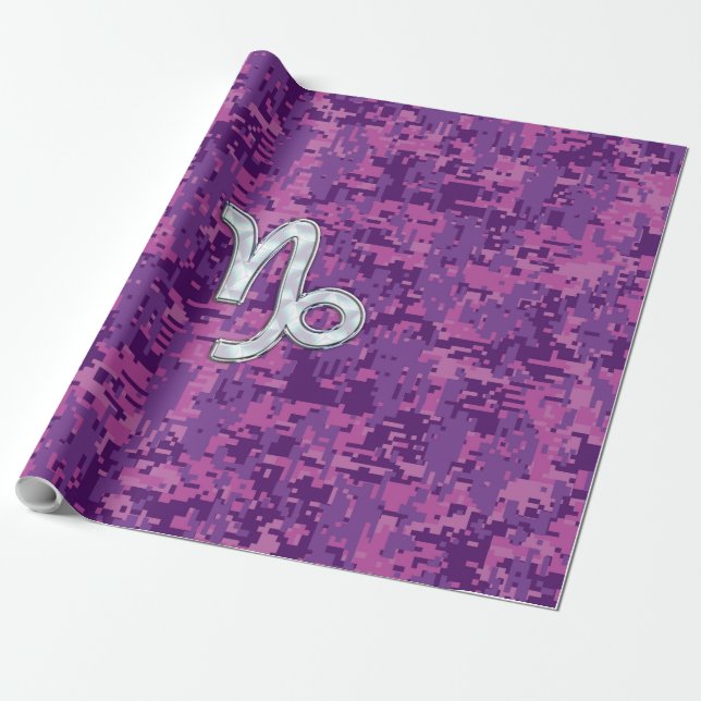 Capricorn Zodiac Symbol on Fuchsia Digital Camo Wrapping Paper (Unrolled)