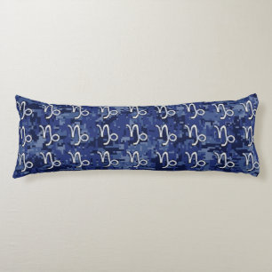 Capricorn Zodiac Symbol on navy blue digital camo Body Cushion