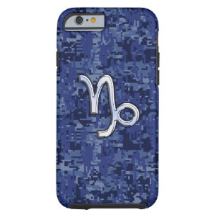 Capricorn Zodiac Symbol on navy blue digital camo Tough iPhone 6 Case