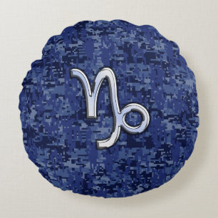 Capricorn Zodiac Symbol on navy blue digital camo Round Cushion