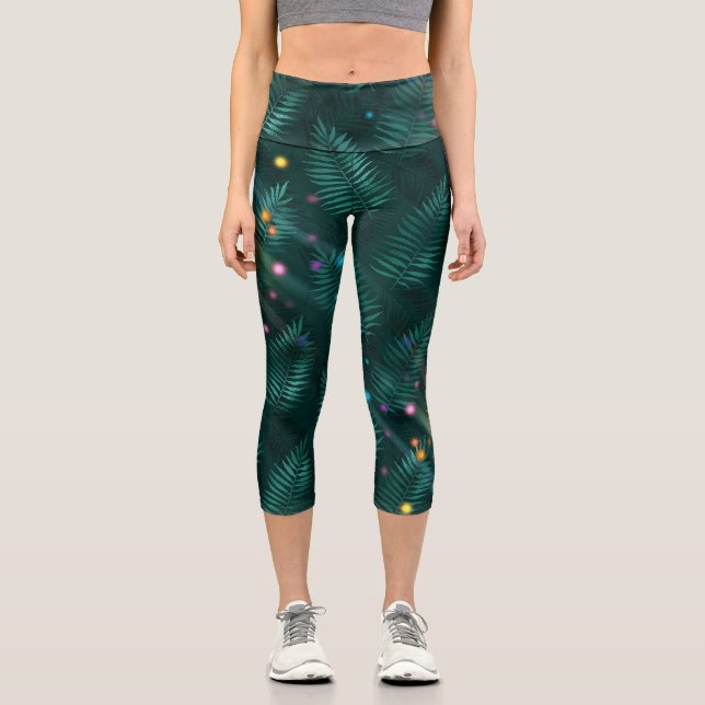 Capris in Hunter Green Fern Leaves & Colourful Dot (Front)