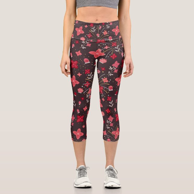 Capris Leggings in Black with Pink Flowers (Front)