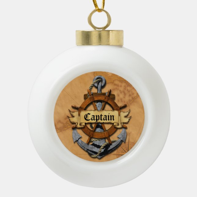 Captain Anchor And Wheel Ceramic Ball Christmas Ornament (Front)