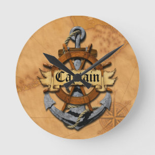 Captain Anchor And Wheel Round Clock