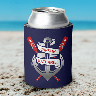Captain Anchor Nautical Oars Navy Blue Custom Name Can Cooler