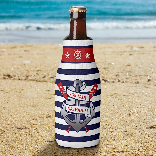 Captain Anchor Nautical Oars Stripes Personalised Bottle Cooler (Creator Uploaded)
