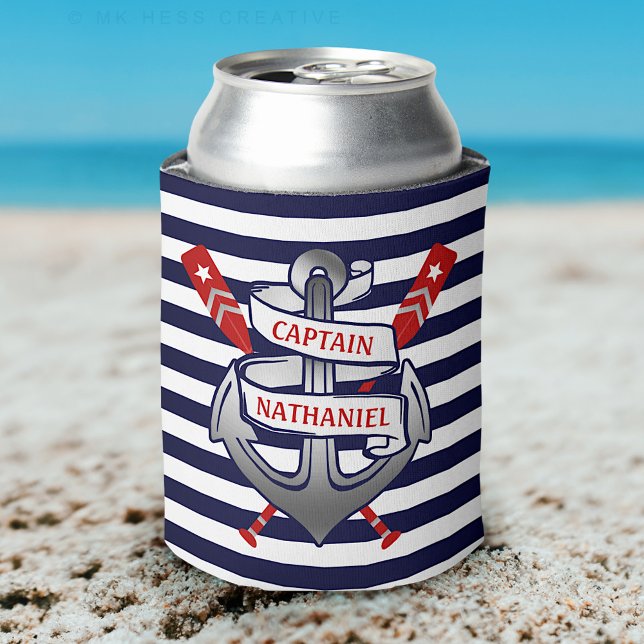 Captain Anchor Nautical Oars Stripes Personalised Can Cooler (Creator Uploaded)