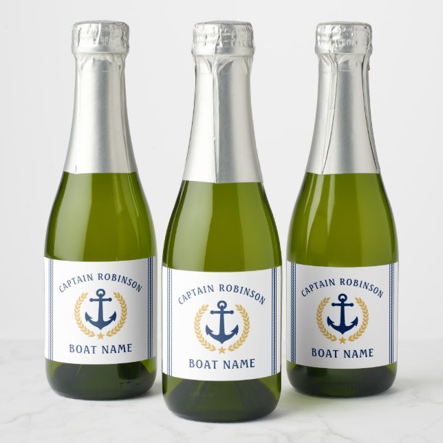 Captain And Boat Name Anchor Gold Laurel Mini Sparkling Wine Label (Bottles)