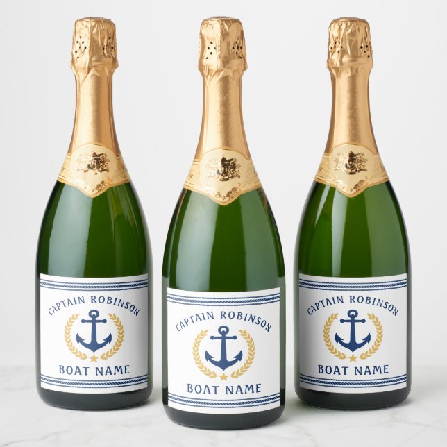 Captain And Boat Name Anchor Gold Style Laurel Sparkling Wine Label (Bottles)