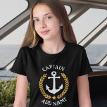 Captain Boat Name Anchor Gold Laurel Leaves Purple T-Shirt<br><div class="desc">A custom designed nautical boat anchor,  gold style laurel leaves and a gold star with Captain rank or other title and your personalised name or boat name on a girls purple t-shirt. Several other colours to choose from. Makes a great gift.</div>