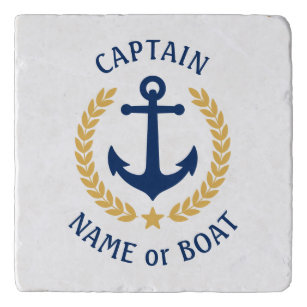 Captain Boat Name Anchor Gold Style Laurel Marble Trivet