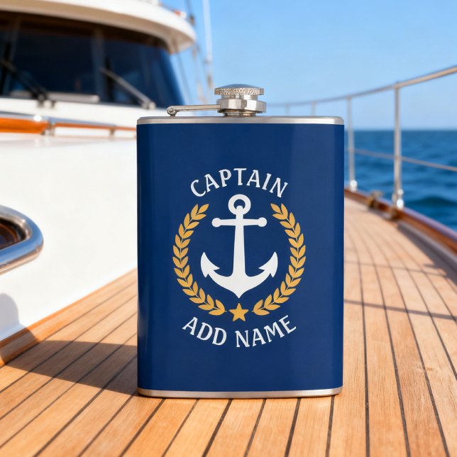 Captain Boat Name Anchor Gold Style Laurel Navy Hip Flask (Creator Uploaded)